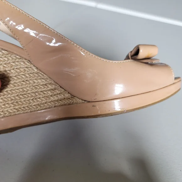 Prada Patent Leather Nude Beige Bow Wedges Slingback Size 38.5